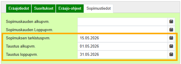 Eräajolaskun Sopimusmuutokset-välilehti