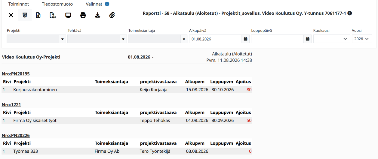 Raportin hakuehdot